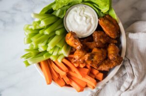 Buffalo Chicken Wings with Blue Cheese Dip, Celery & Carrots