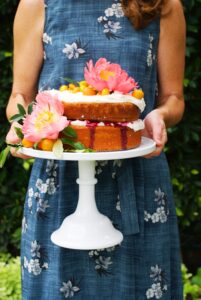 9" Two-Layer Vanilla Naked Cake with Vanilla Buttercream, Raspberry Jam, Kumquats & Peonies (SEASONAL)